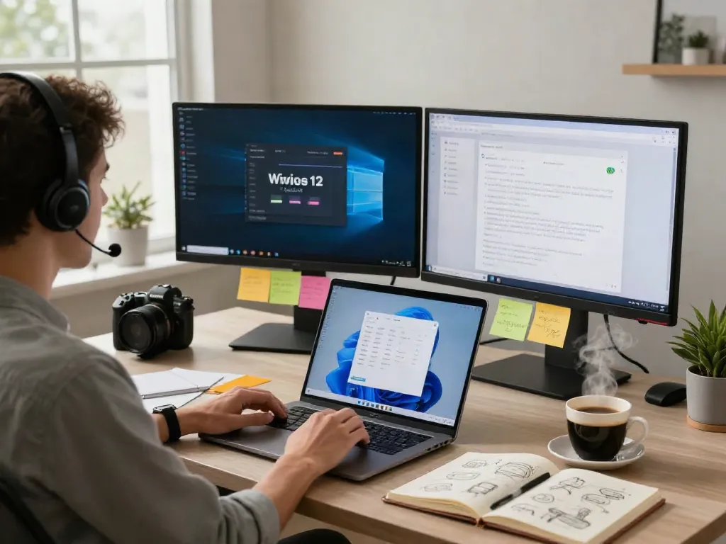 Produktive Home-Office-Szene mit Windows 11 Home auf Bildschirm, stilvolles ergonomisches Design, hohe Funktionalität, angenehme Atmosphäre