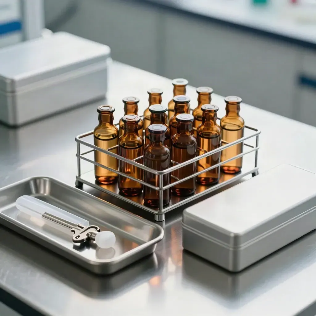 Pharma-Lab-Stillleben mit Ampullen, Vial-Rack und Sterilschale auf Stahl.
