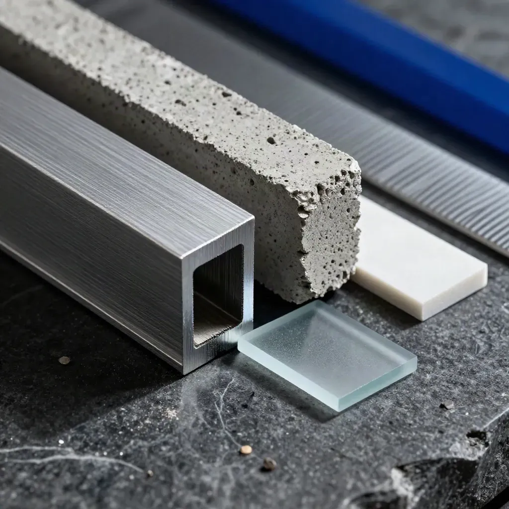 Nahaufnahme von Aluprofil, Betonchip, Milchglas und Dichtungsstreifen auf dunklem Stein.