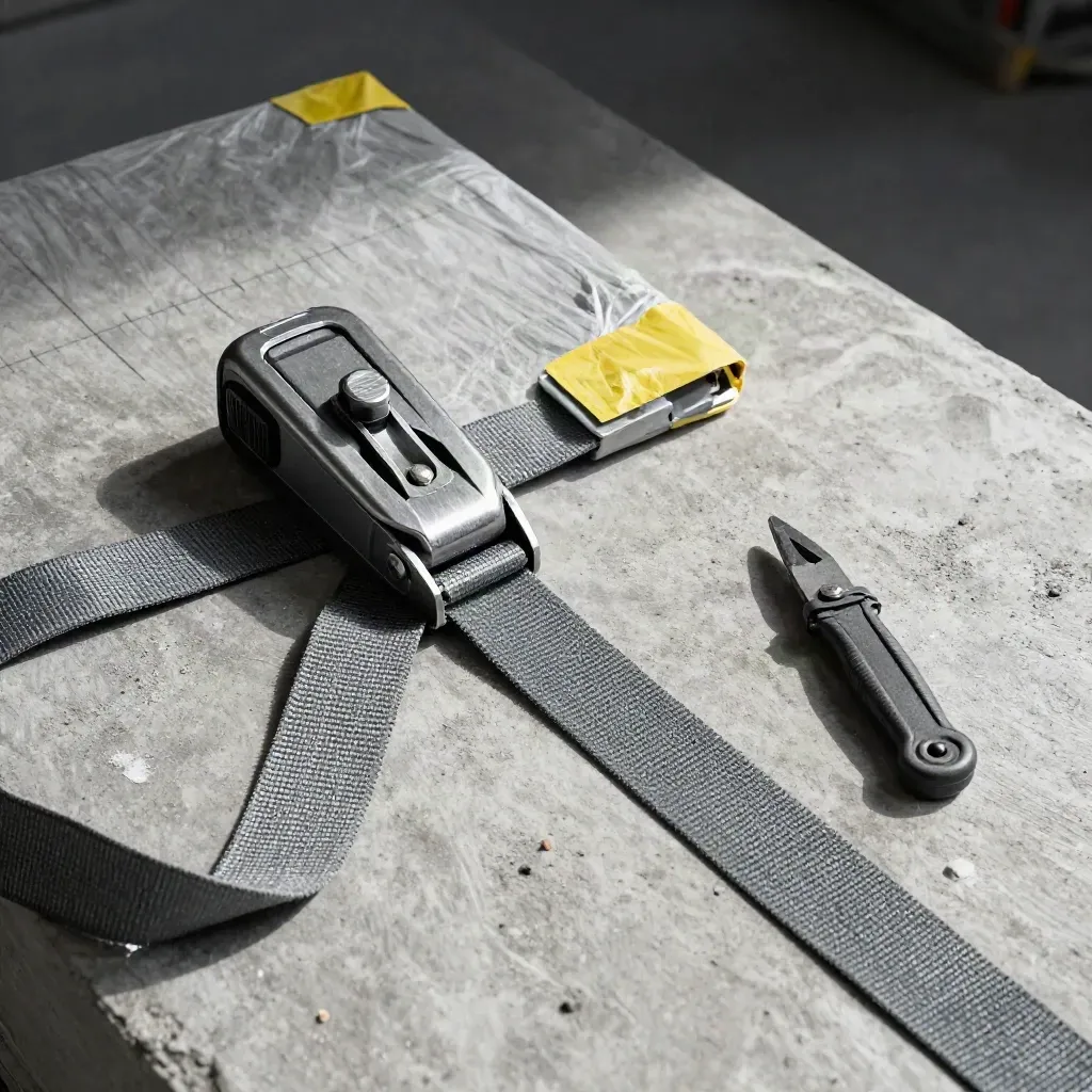 Flach liegendes Logistik-Set mit Spanngurt, Kantenschonern, Paket und Cutter auf Beton.