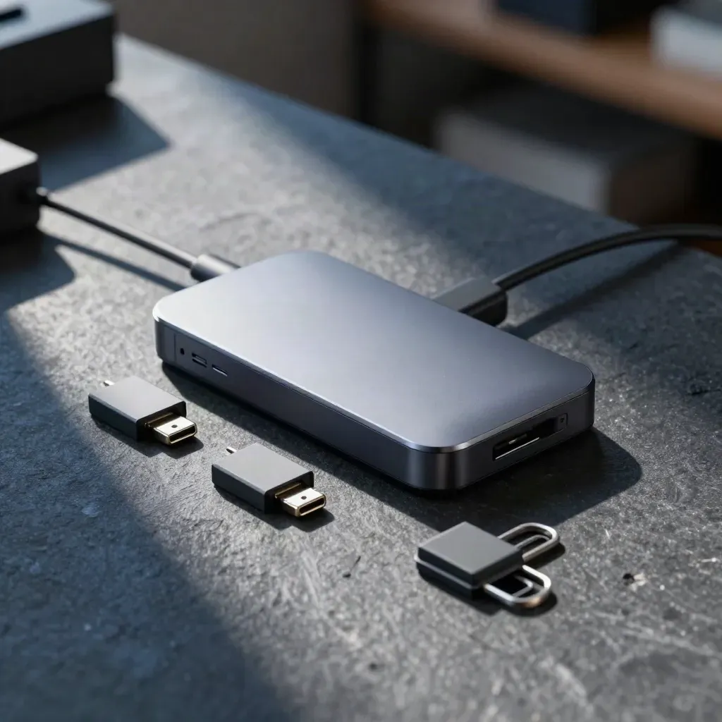 Makro eines USB-C-Docks mit Adaptern, Netzteil und Kabelclips auf dunklem Stein.