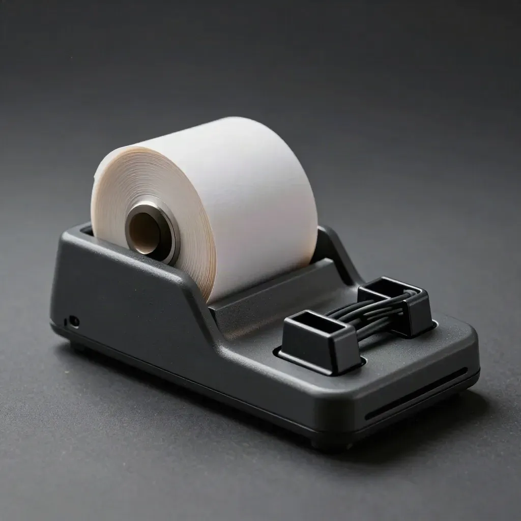 Makrostillleben von Kassenscanner, Terminalbasis, Bonrolle und Kabelclips auf Graphit.