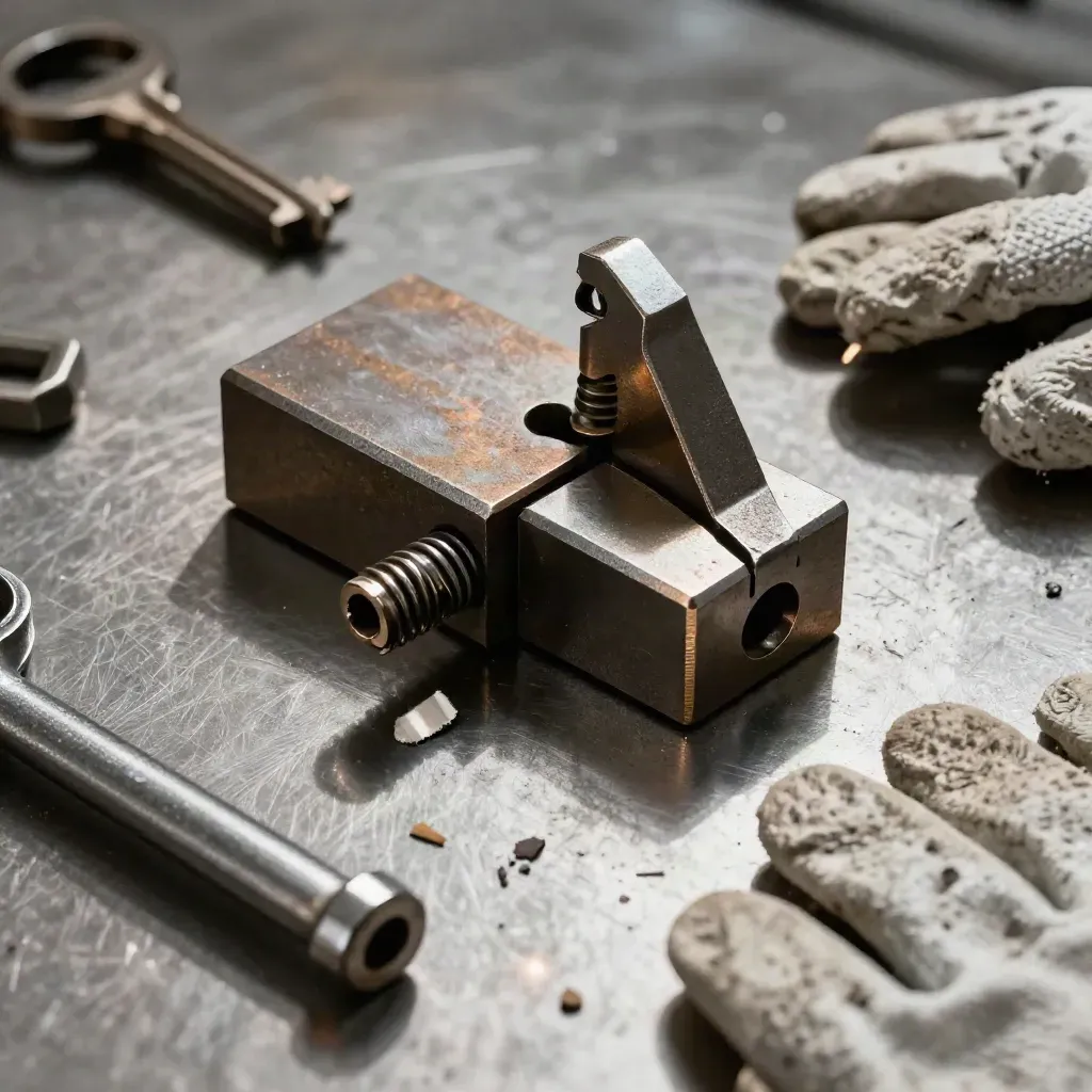 Makro von Magnetwinkel, Schweißzwinge, Stahlrest und Inbusschlüssel auf gebürstetem Metall.