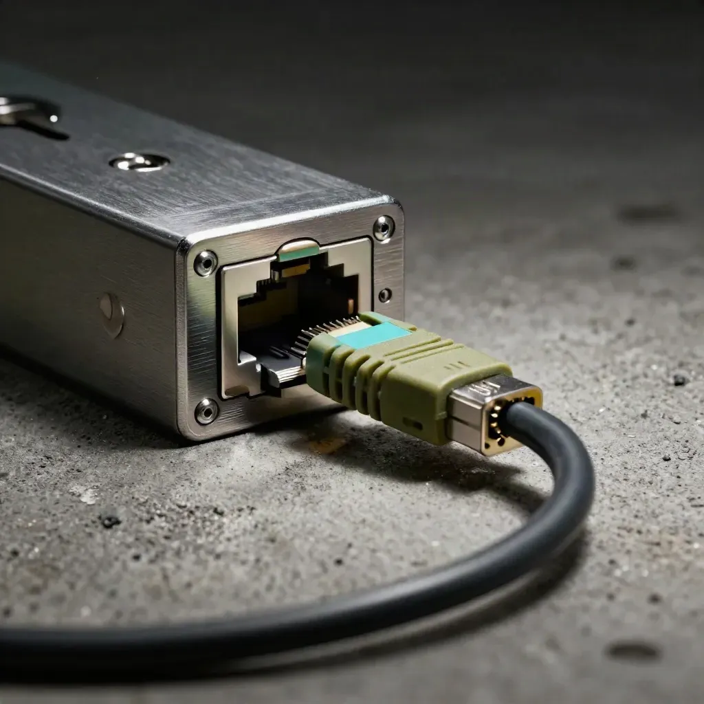 RJ45-Netzwerkdose, Crimp-Stecker und Cat6-Kabel auf Beton im dramatischen Studiolicht