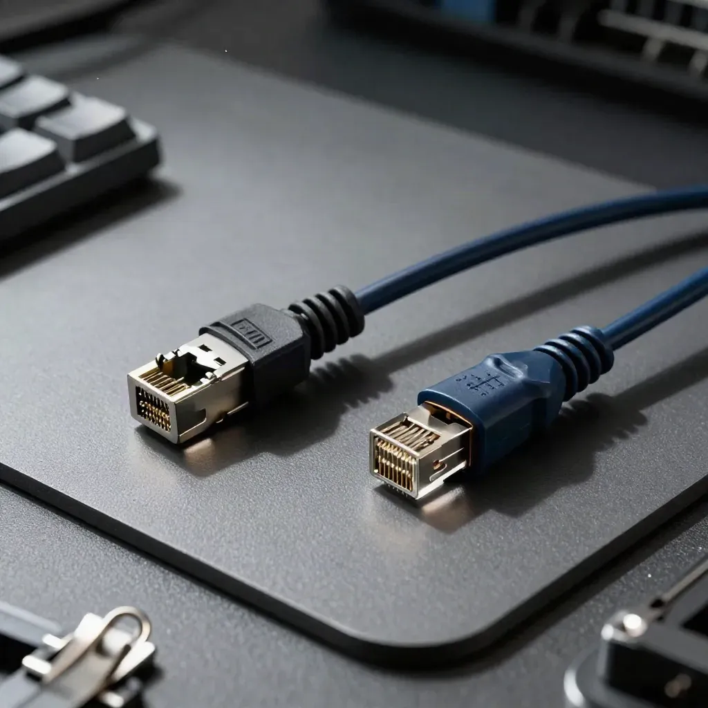 Netzwerktester mit Loopback-Stecker und Patchkabel auf dunklem Graphit