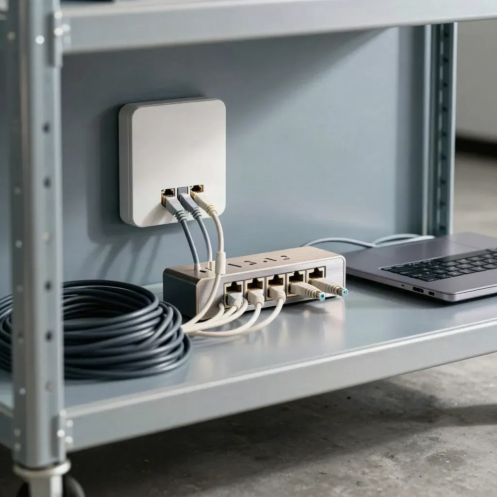 WLAN-Access-Point, Patchkabel, Dock und Steckleiste auf Rollwagen im Technikbereich.