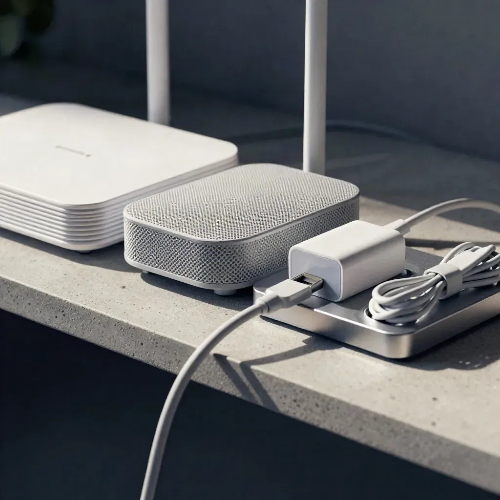 Router, Mesh-Knoten, Dock und Ladekabel auf heller Betonfläche