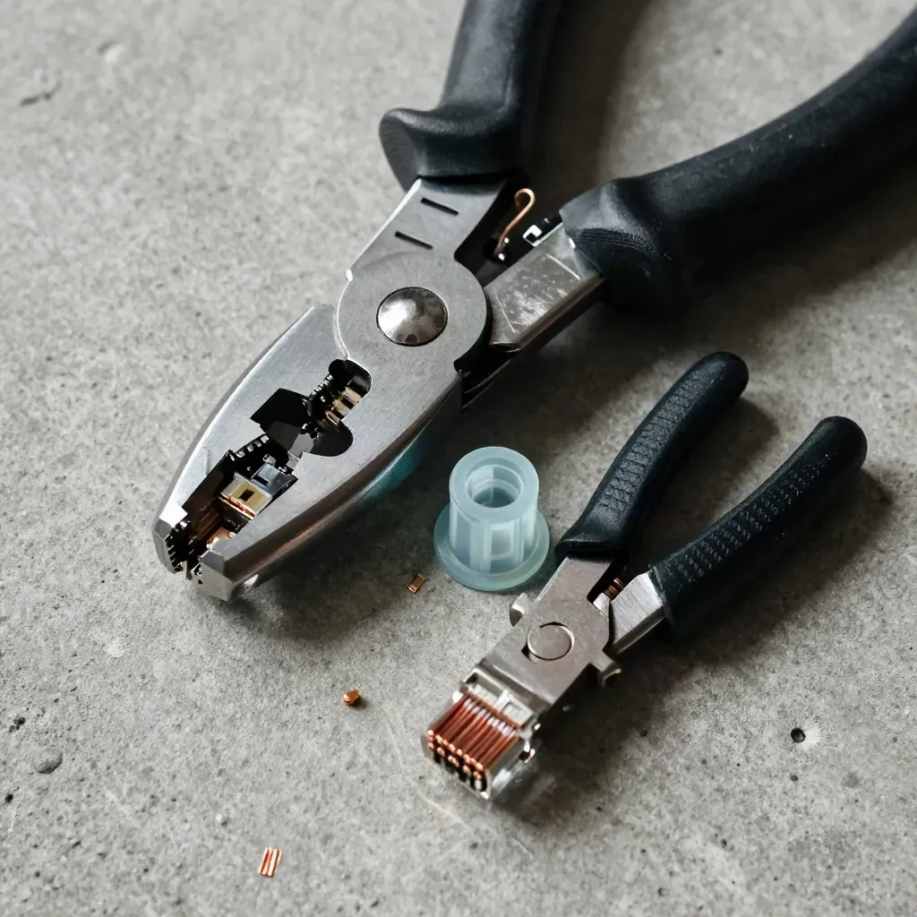 Crimpzange, RJ45-Stecker und Kabelschneider auf Beton nach einer Reparatur.