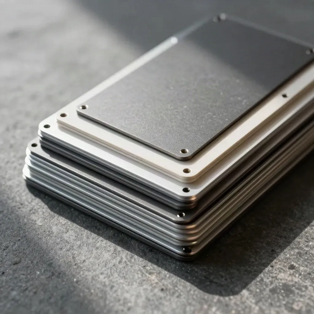 Matte Metallplatten, Abstandshalter und verschachtelte Quadrate auf dunklem Stein, von oben.