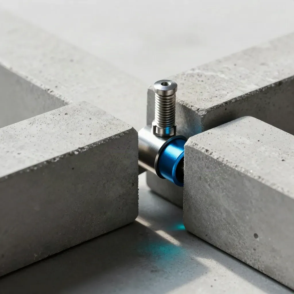 Modulare Metallblöcke überbrücken eine Lücke auf hellem Beton.